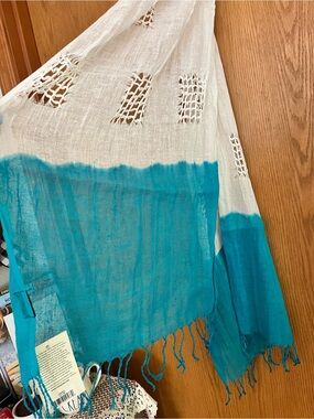 Rising Tide Turquoise and White Cotton Fringe Bath Scarf